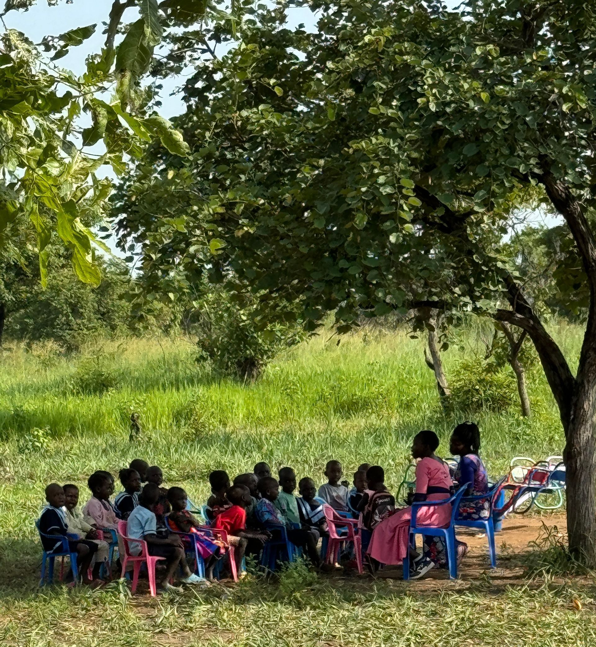 A group of children are sitting in a circle in a field under a tree.