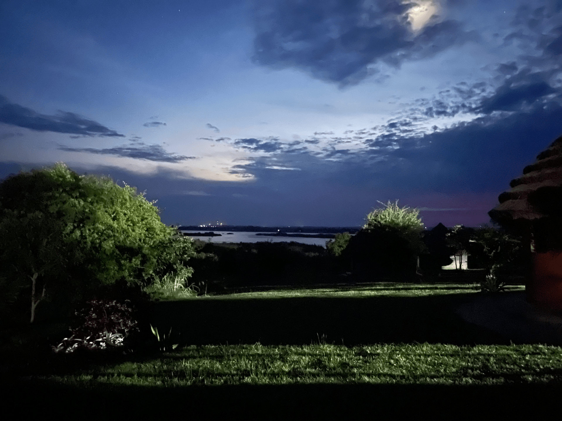 A full moon shines brightly over a lush green field