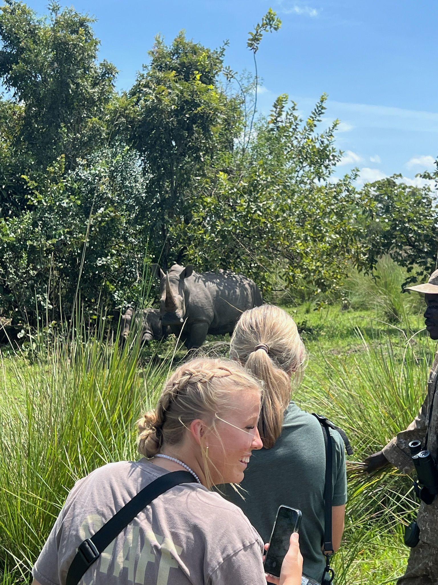 A group of people are standing in a field looking at a rhinoceros.