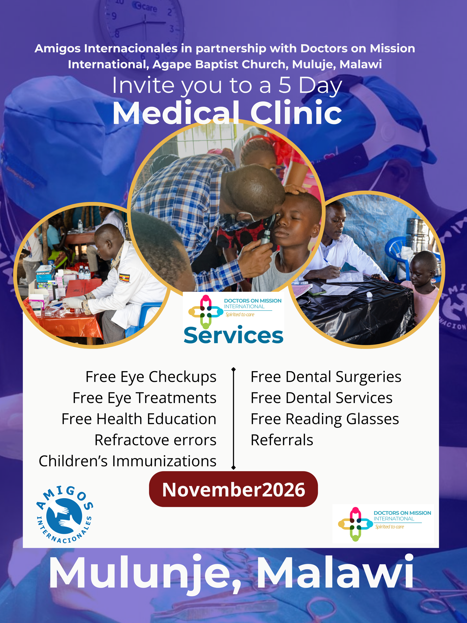 Poster for a free medical clinic in Mulunje, Malawi, November 2026, with services listed and a child photo