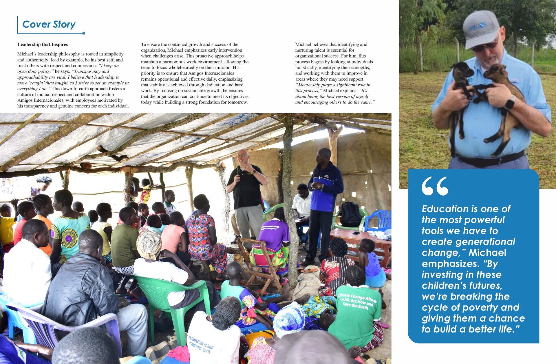 A man is holding a puppy in front of a group of people