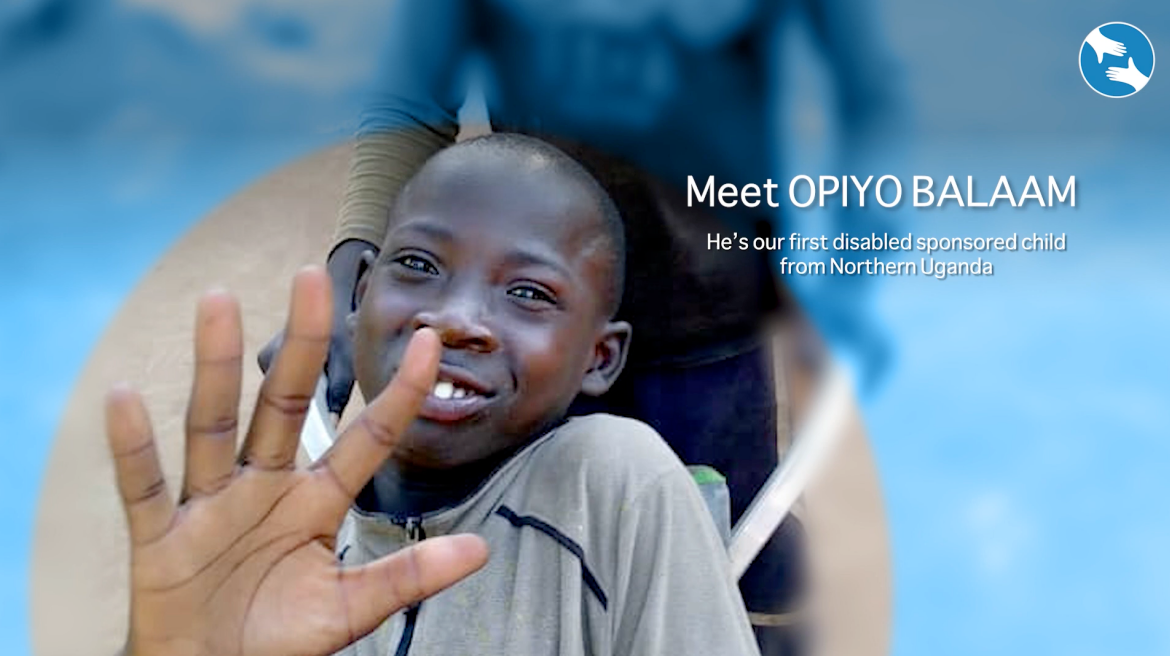 A young boy waving his hand with the words meet opiyo balaam above him