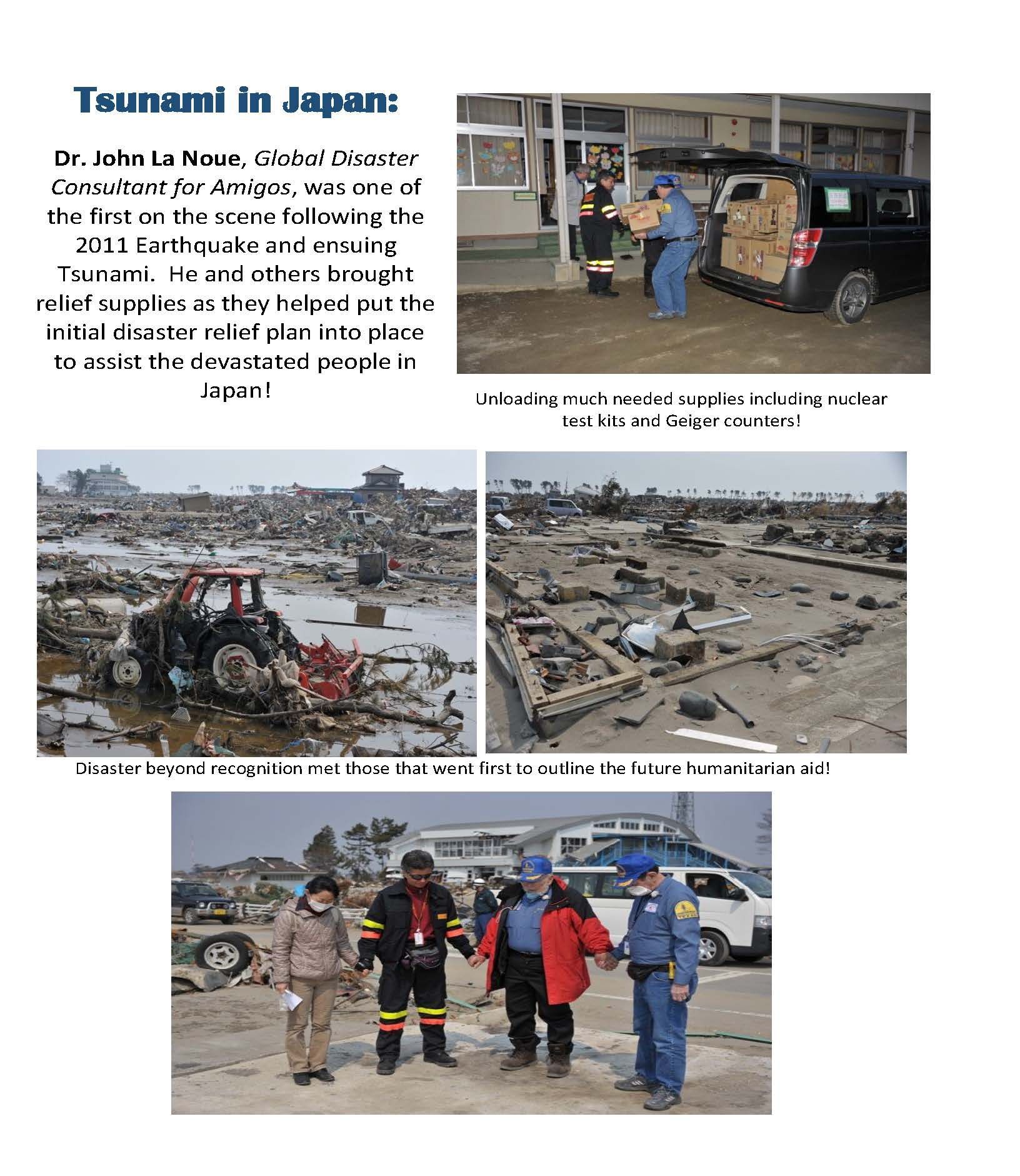 A group of people are standing next to each other in front of a tsunami in japan.