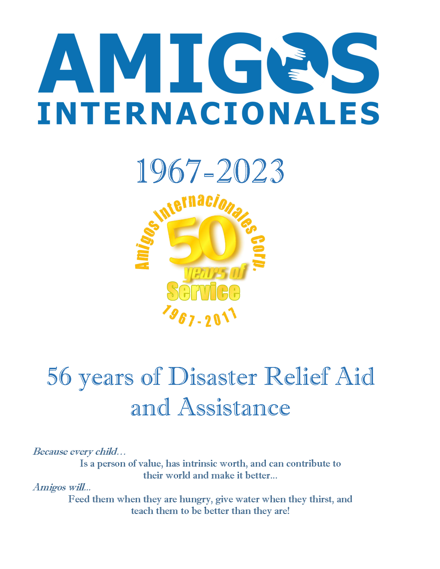 Logo and text for Amigos Internacionales, highlighting 56 years of disaster relief aid and service from 1967 to 2023.