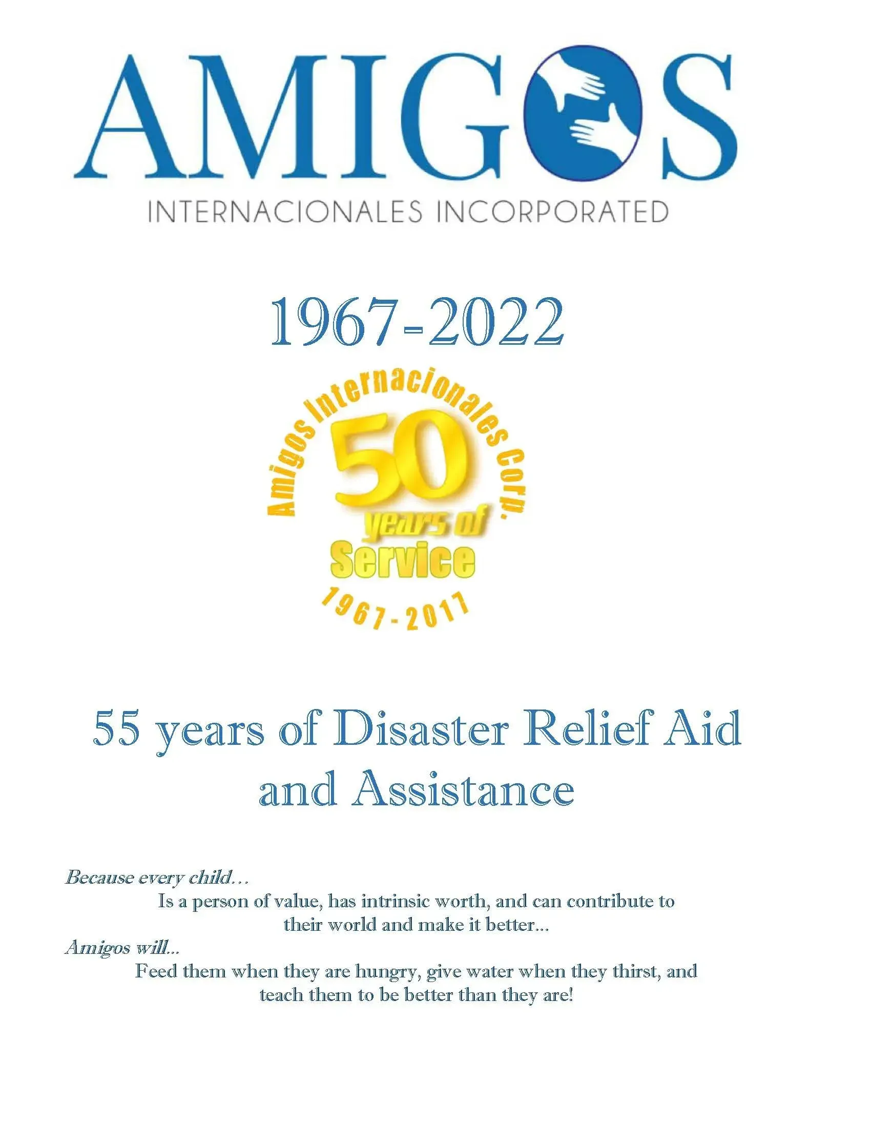 Logo for "Amigos Internacionales Inc." and text "55 years of Disaster Relief Aid and Assistance."