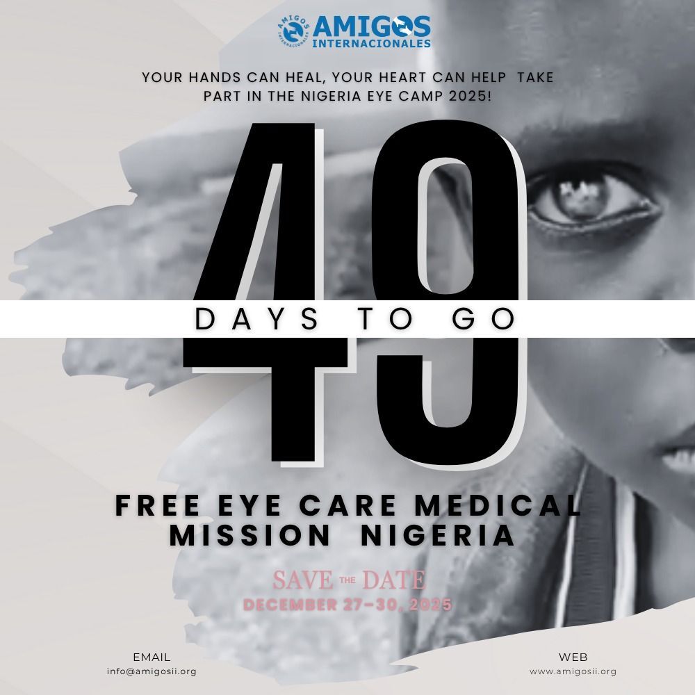 Poster for Nigeria eye care medical mission, 40 days to go. Featuring a child's eye, white and black text.