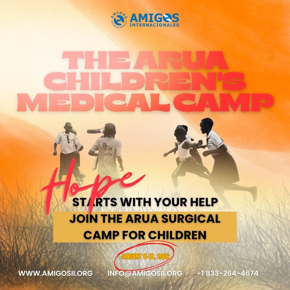 Promotional poster for Arua Children's Medical Camp with children running on a field.