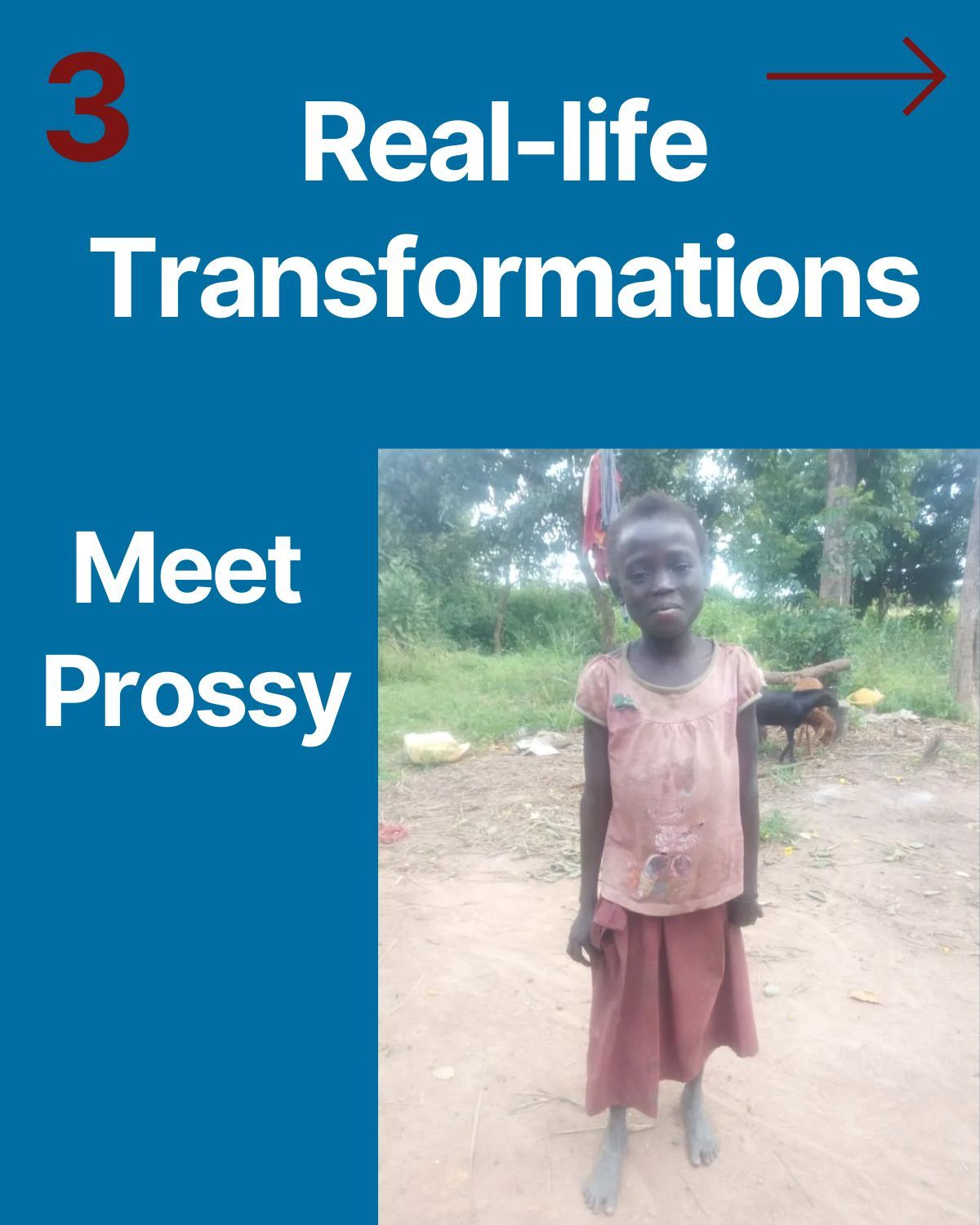 A young person, Prossy, stands outdoors in front of greenery. Text: