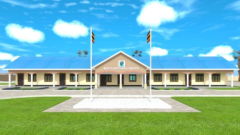 School building with Ugandan flags, blue roof, beige walls, and green lawn under a partly cloudy sky.