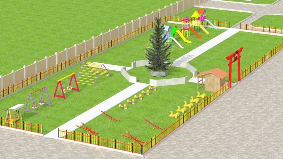 Playground with swings, slides, a small Japanese-style gate, and other play structures on a grassy area.