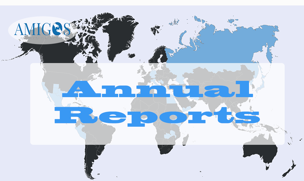 An AMIGOS logo above a world map background with the blue, bold text