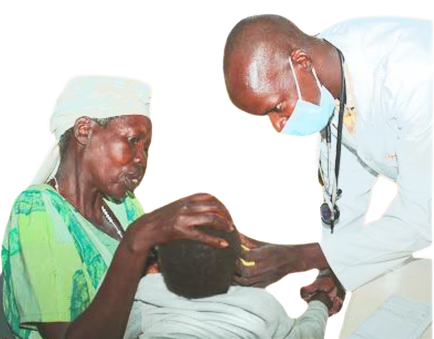 Doctor examining a child, as an older person holds the child. Indoor setting.