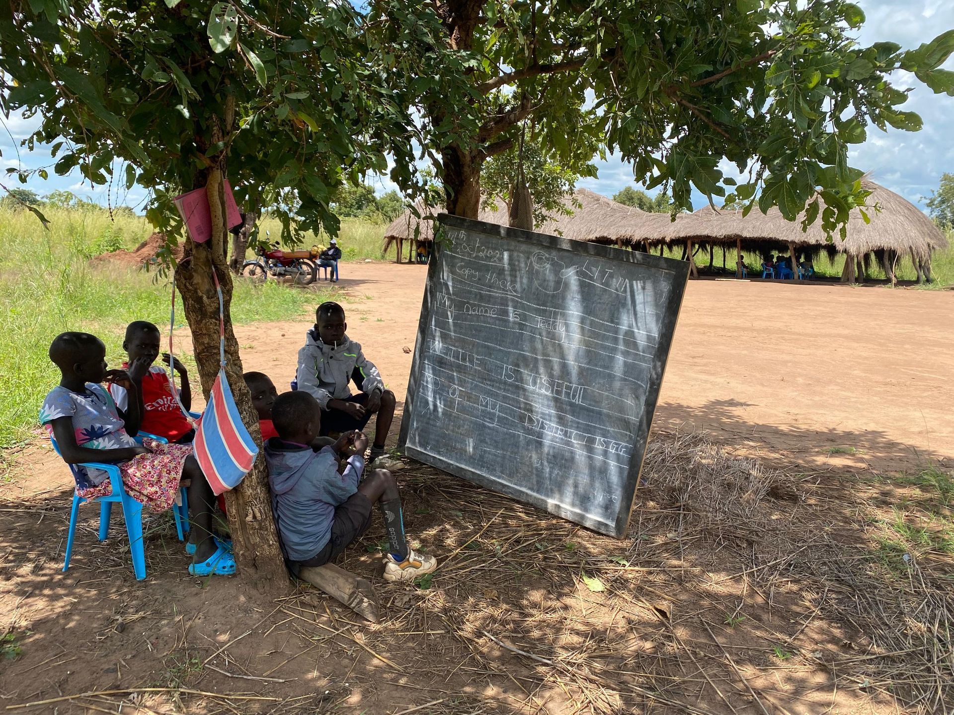 A group of children are sitting under a tree next to a blackboard.