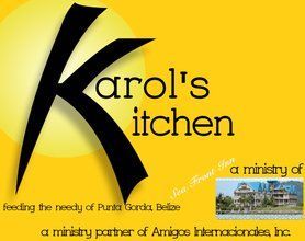 Logo for Karol's Kitchen, a ministry feeding the needy in Punta Gorda, Belize. Yellow background with black text and logo.