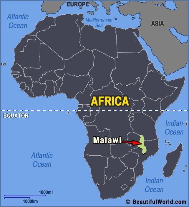 Map of Africa with Malawi highlighted in light green.