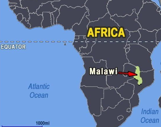 Map of Africa with Malawi highlighted in light green.