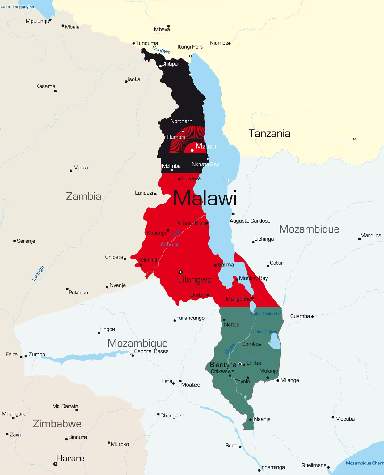 Map of Malawi with flag colors overlayed.