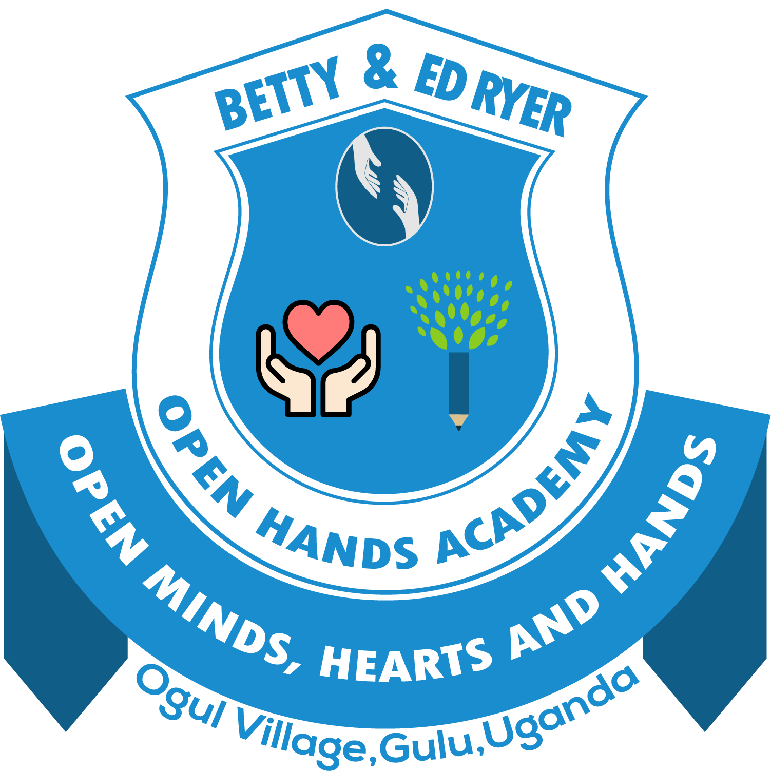 Logo for Betty & Ed Ryer Open Hands Academy in Gulu, Uganda. Features a shield with hands, heart, and a tree.