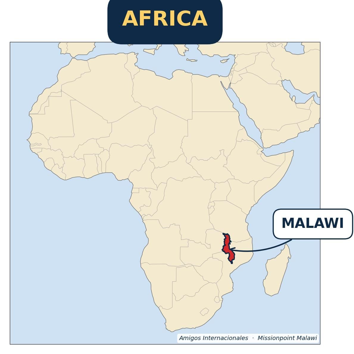 Map of Africa with Malawi highlighted in red on the southeast side.