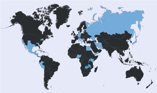 World map with countries colored in black and light blue, highlighting specific regions.