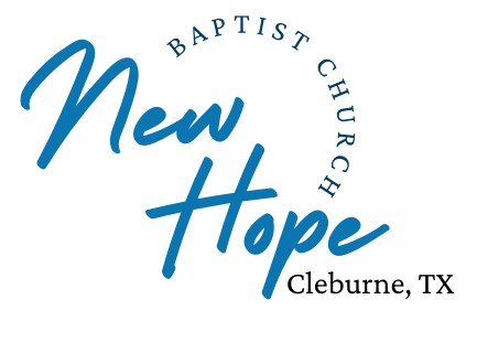 Logo for New Hope Baptist Church in Cleburne, TX. Blue script "New Hope" over blue arc "Baptist Church."