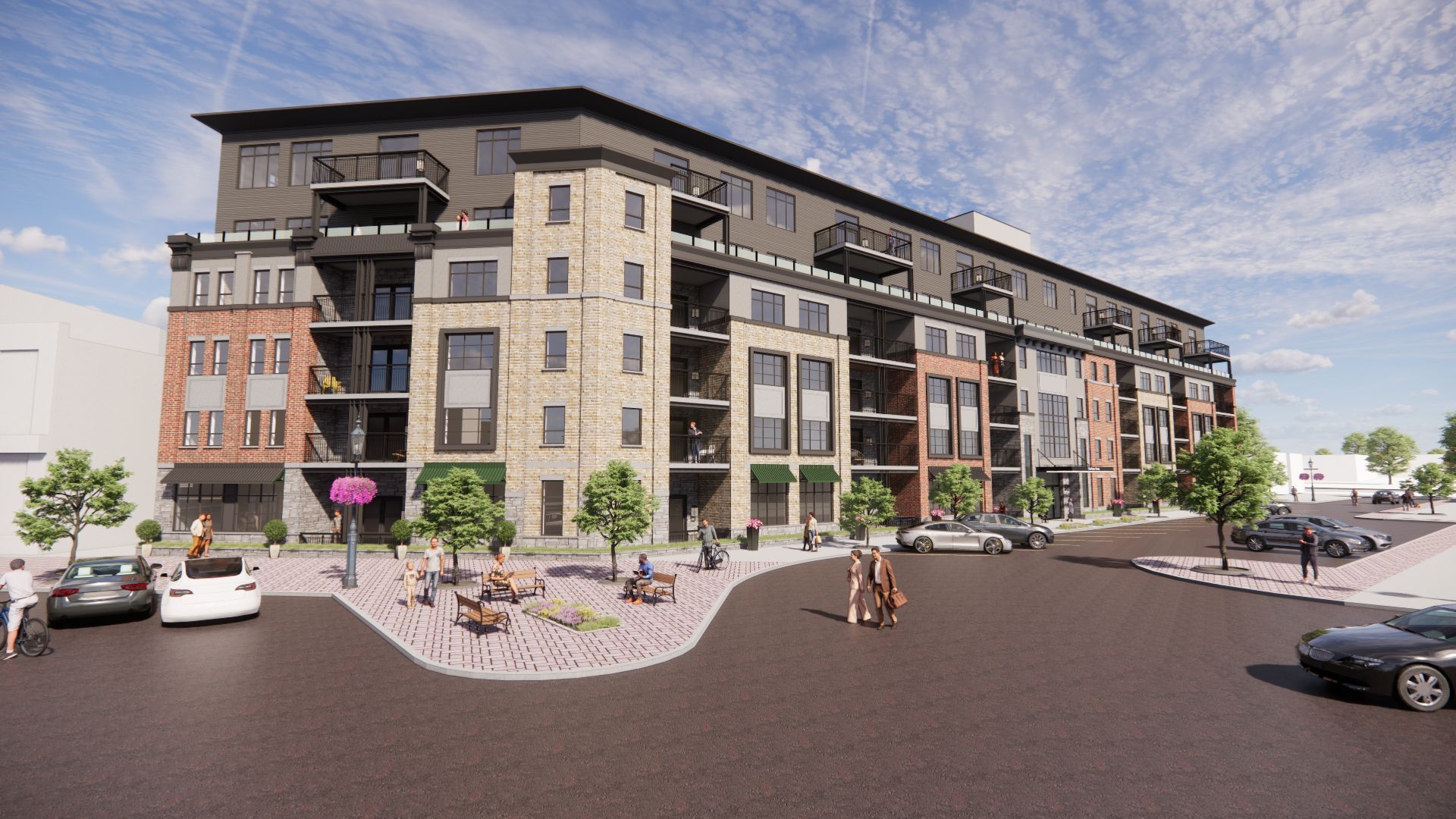 Rendering of a multi-story apartment building with balconies, brick and neutral facade, small plaza with benches.