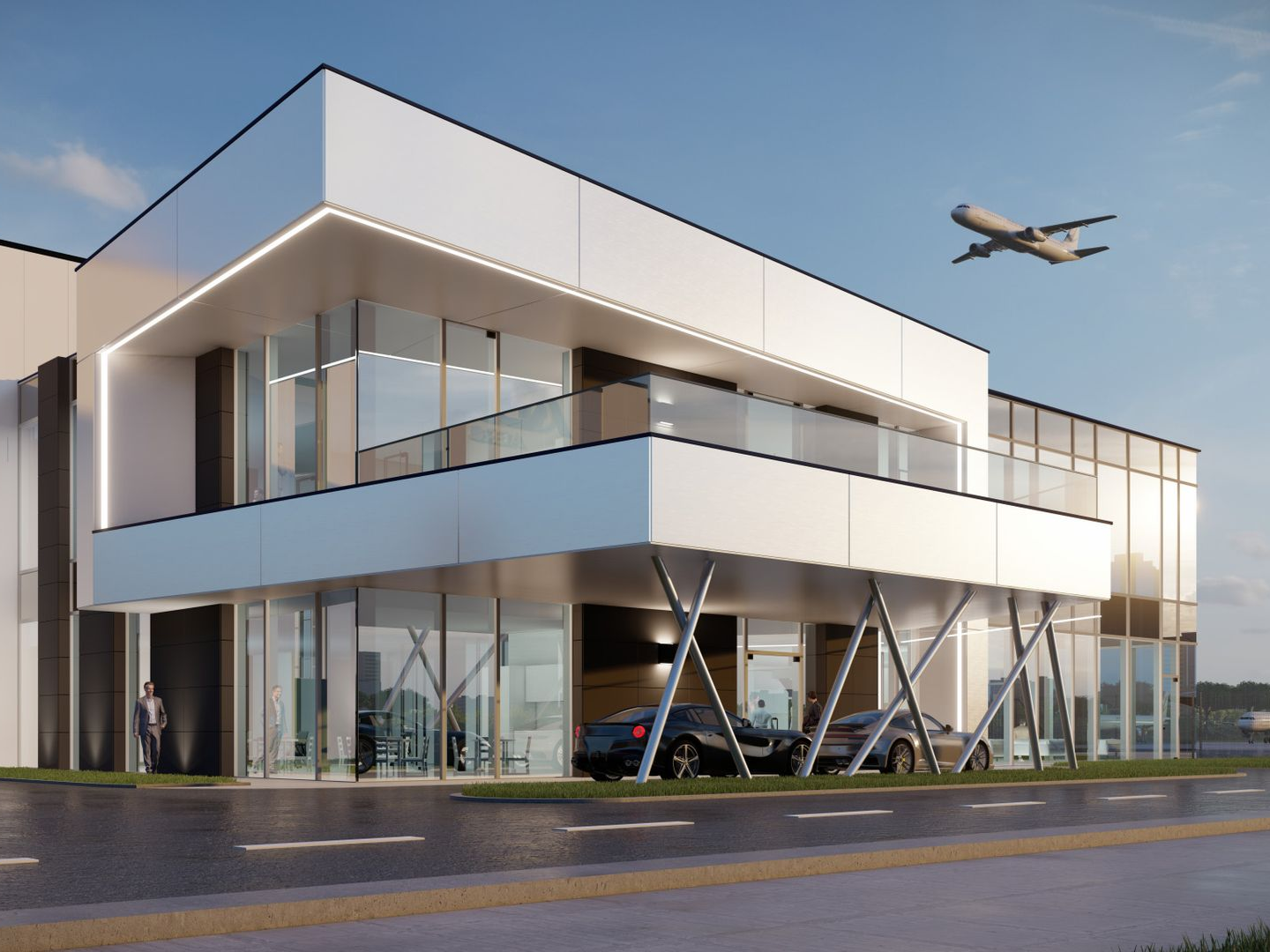Modern white building with glass windows, car parked below a second story, airplane flying above.