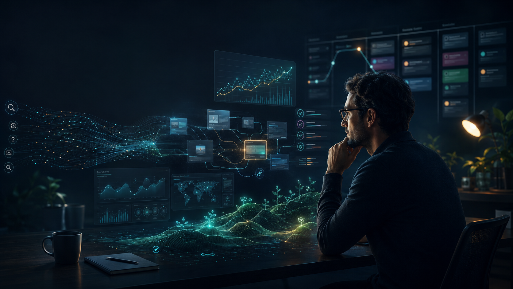 Person seated at a desk in a dark control room, studying glowing data screens and city lights at night