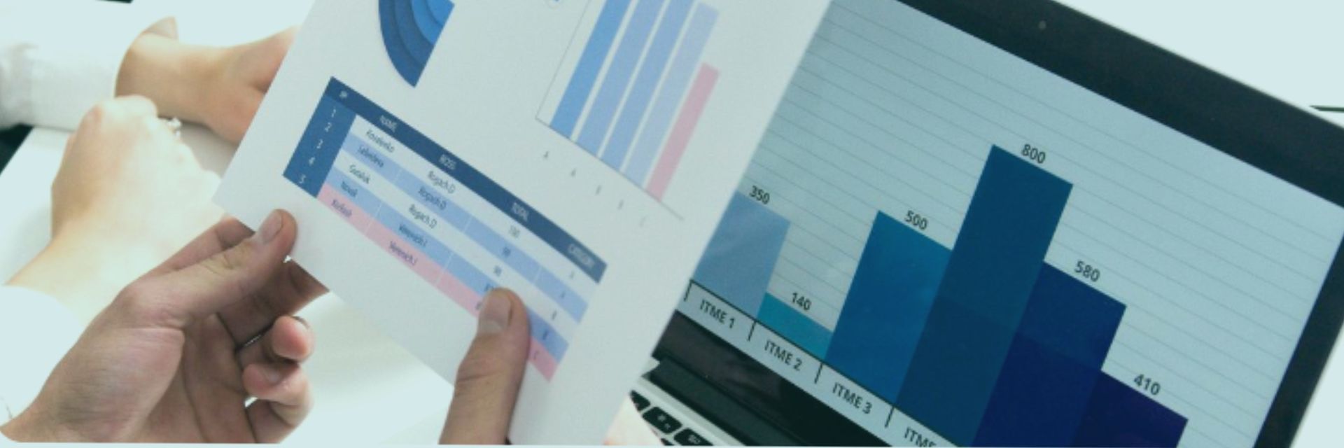 Reviewing business charts and bar graphs on paper and laptop, representing thorough research and reliable data.