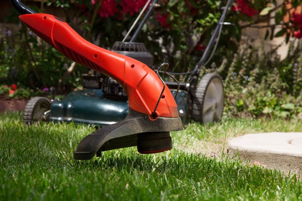 String Trimmer Edging a Grassy Lawn, Lawnmower in Background — Young's Lawn Care In West End, QLD