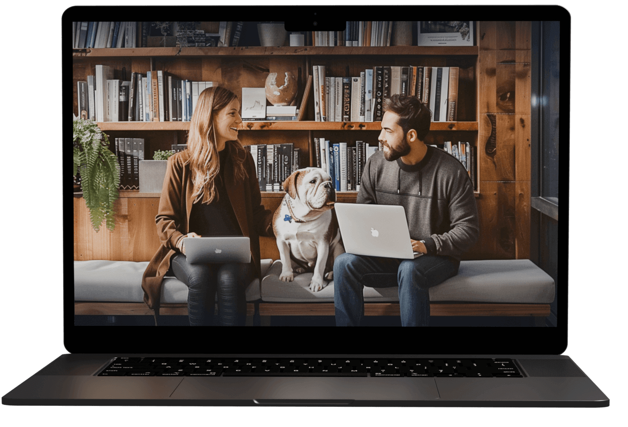 A woman, a man, and a dog sitting together on a bench, each with a laptop open. They are in a library-like setting.