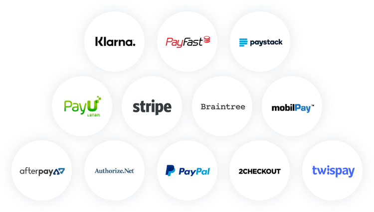 Logos of various payment processing platforms, including Klarna, Stripe, and PayPal.