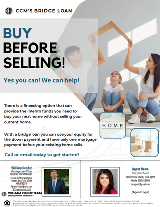 Flyer promoting bridge loans. Family in new home, text