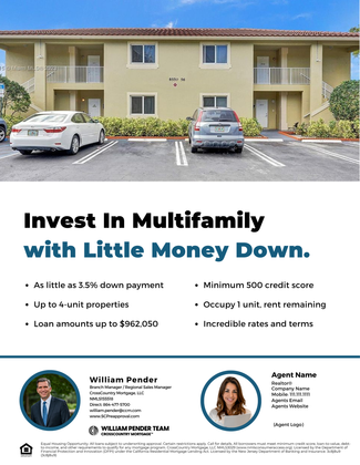 Multi-family building with parked cars, advertisement text for little money down investment opportunity.