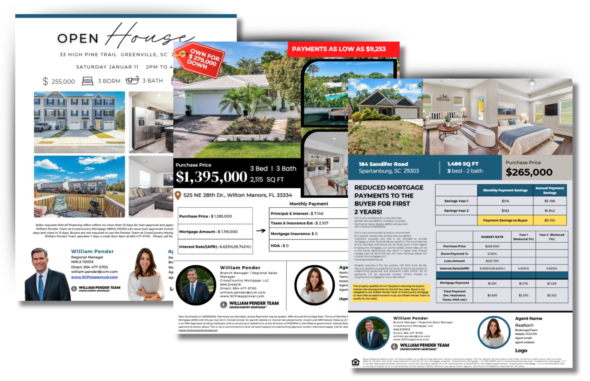 Real estate flyers showcasing homes, including photos, prices, agent info, and open house details.