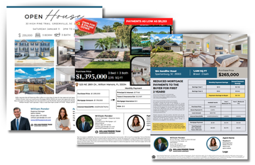 Real estate flyers showcasing homes, including photos, prices, agent info, and open house details.