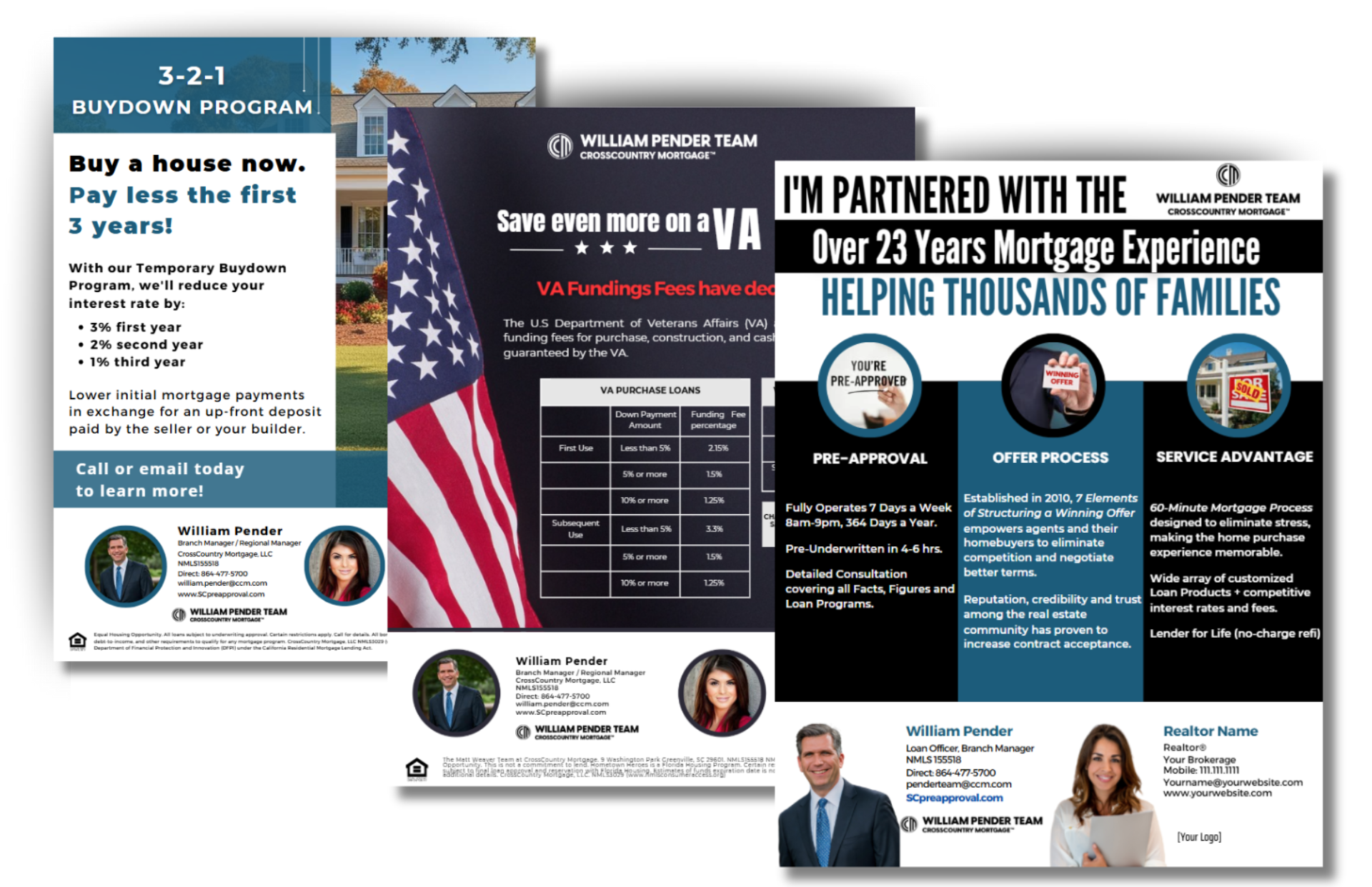 Mortgage flyers with text about home buying, VA loans, and experience. Includes the American flag.
