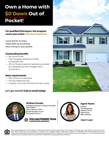 Flyer for homeownership with $0 down payment featuring a house and real estate agents.