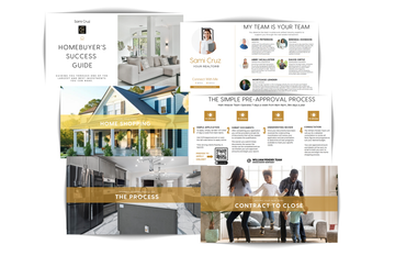 Stacked real estate brochures with home photos, agent info, and process steps.