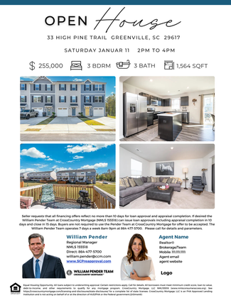 Open House flyer for 32 High Hill Trail, featuring home photos and realtor contact information.