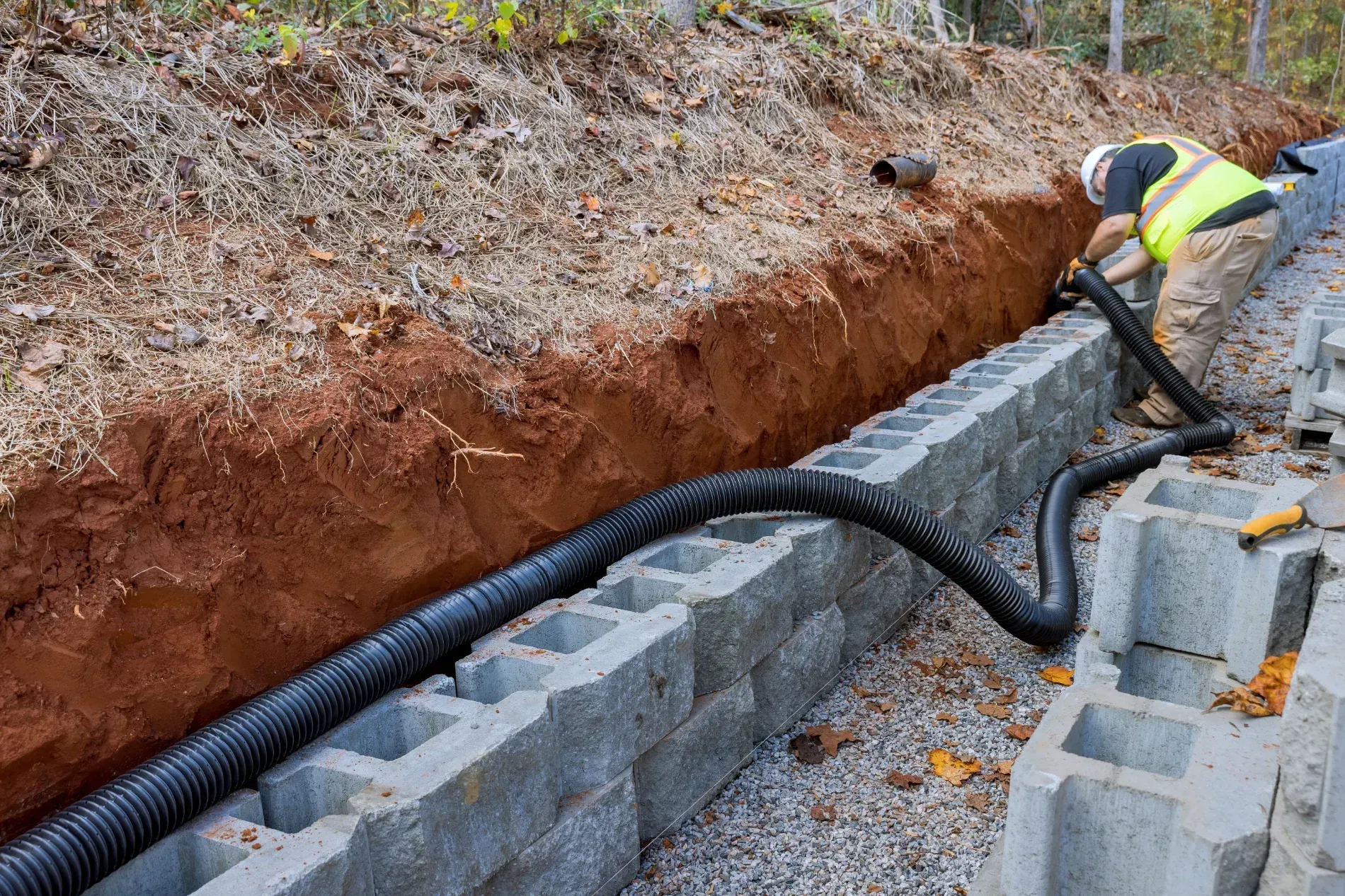 Construction Worker Installs Drainage Pipe — Rosewood Environmental Services Pty Ltd in Wauchope, NSW