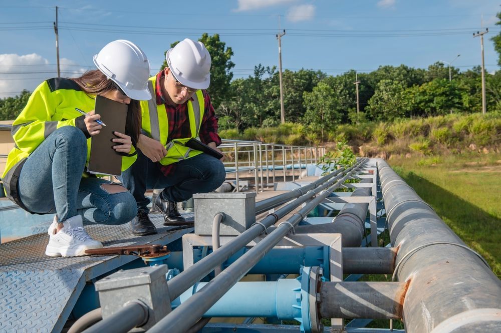 Two People in Safety Gear Inspecting Pipes Outdoors — Rosewood Environmental Services Pty Ltd in Coffs Harbour, NSW