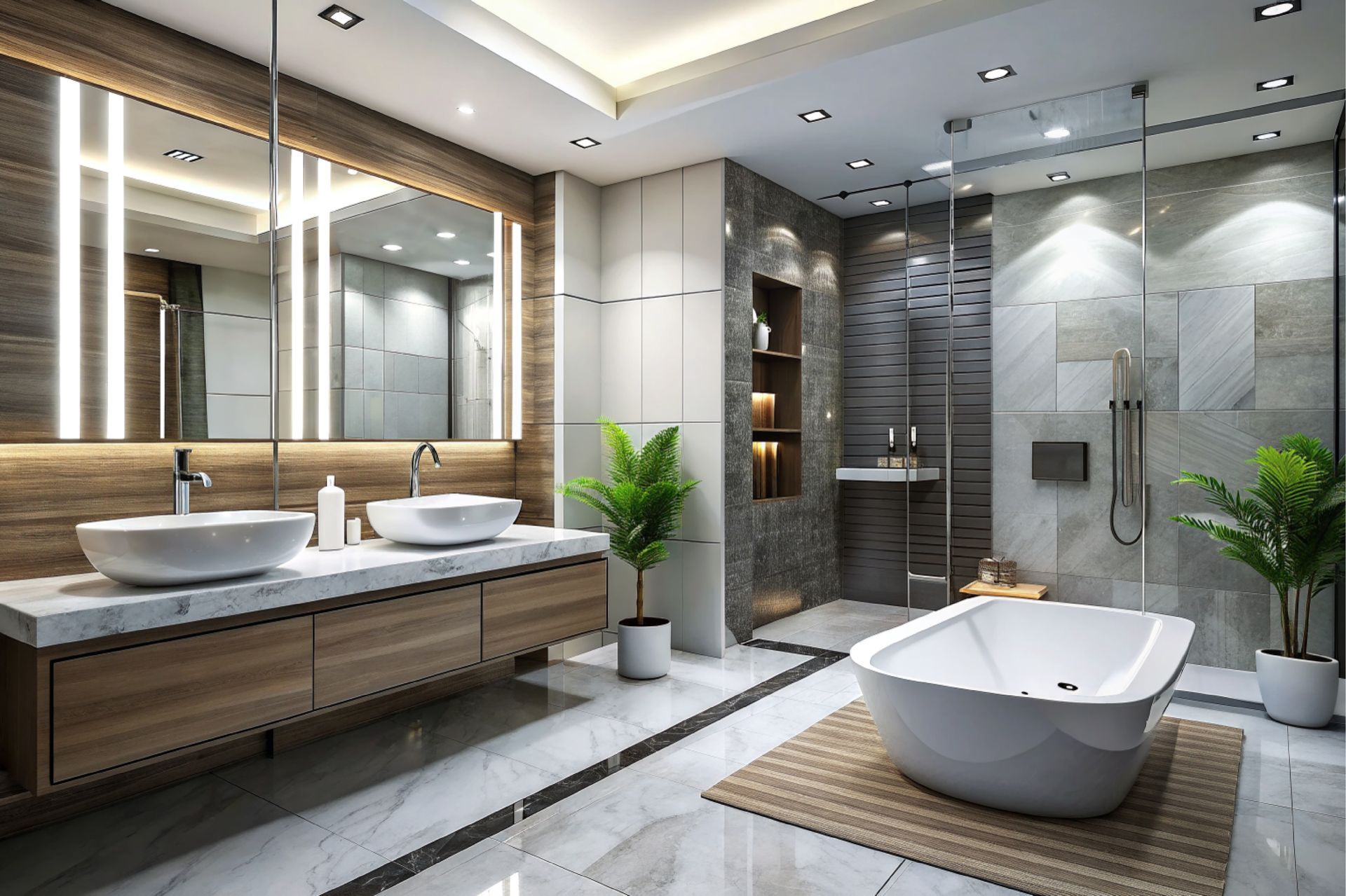 Modern bathroom with marble floors, wood vanity, and a freestanding tub.