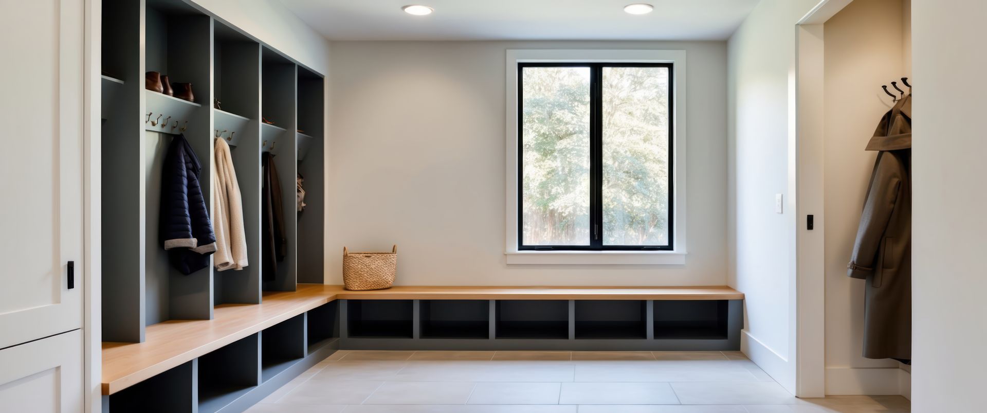 A modern mudroom with lockers, a built-in bench, and a window.