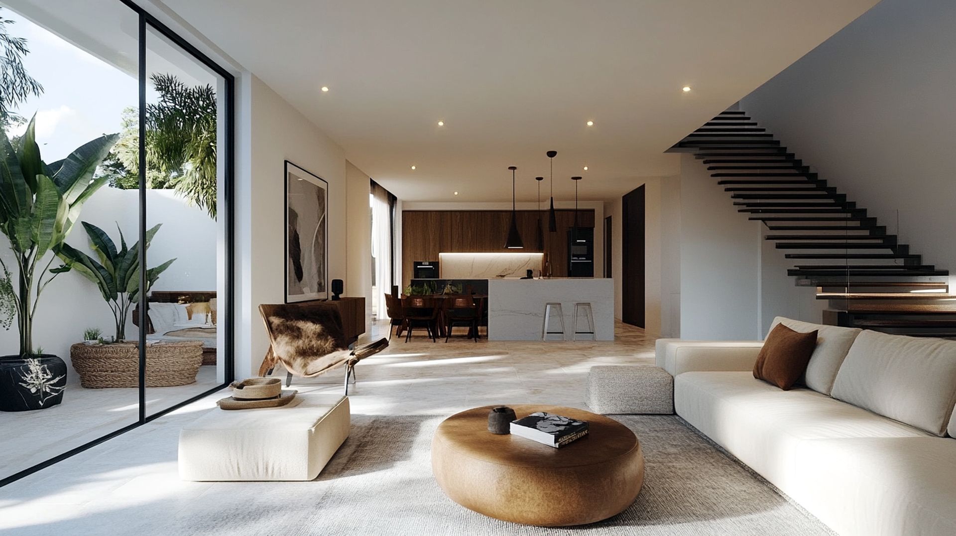 Modern living room with open-plan kitchen and a staircase. Large glass doors overlook a patio with plants.