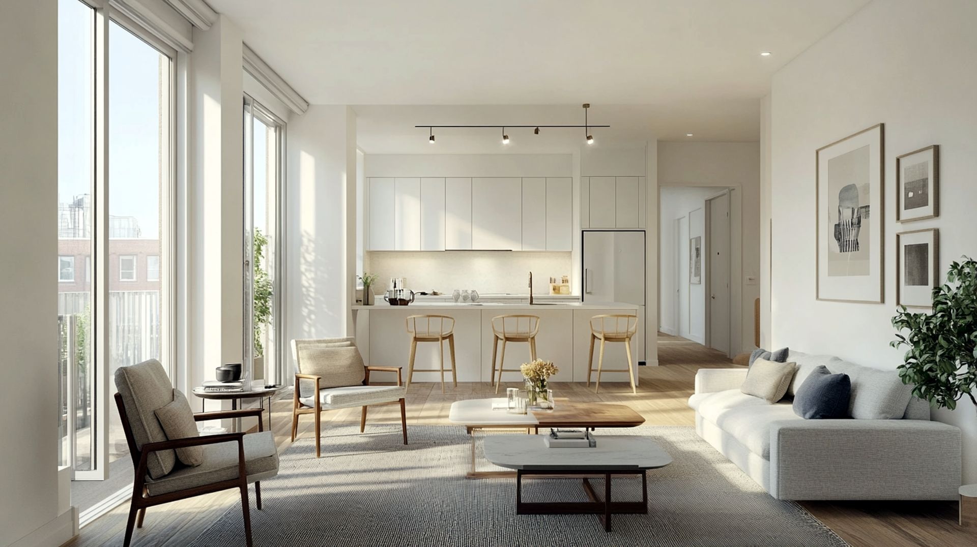 Bright, modern living space. White walls, large windows, open kitchen with island seating, and a sofa.