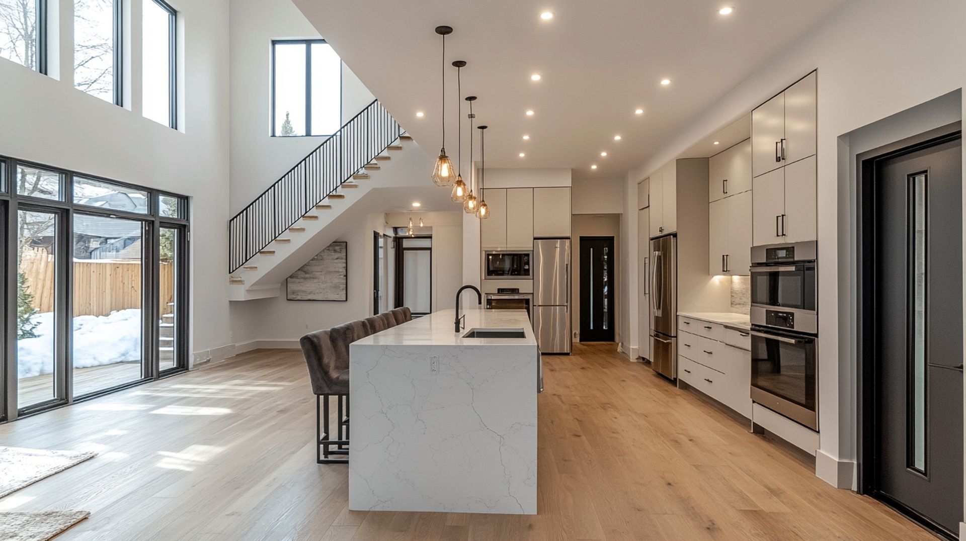 Modern kitchen with white island, cabinets, and light wood floors; black trim, large windows, staircase.