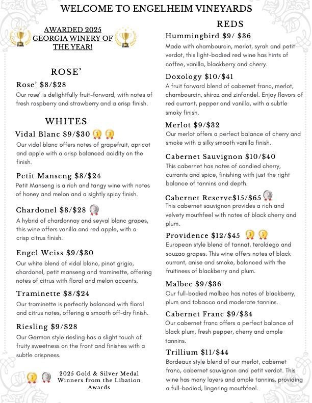 A menu for a winery shows a variety of wines including rose , whites and reds.