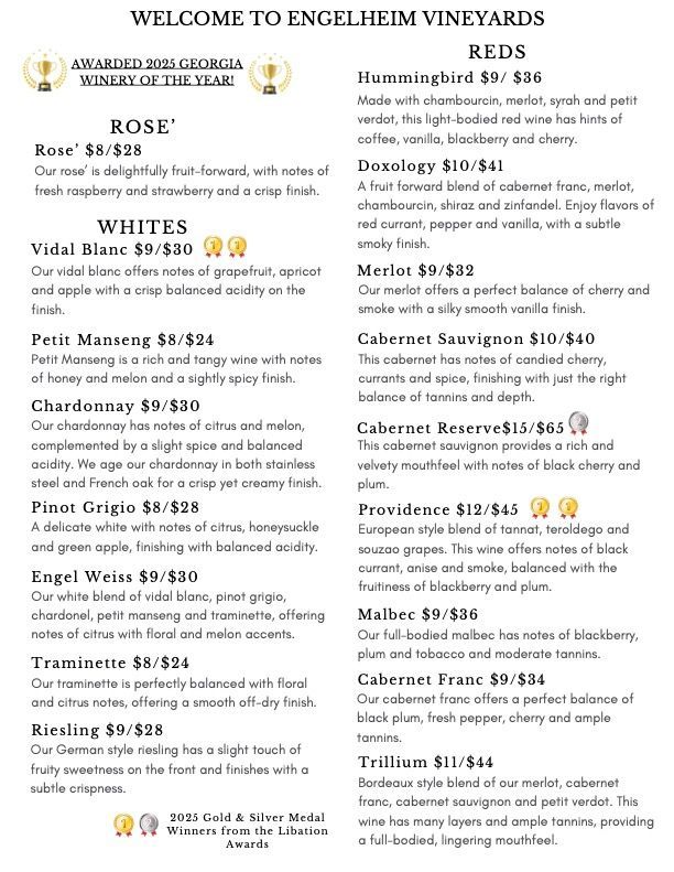 A menu for a winery shows a variety of wines including rose , whites and reds.
