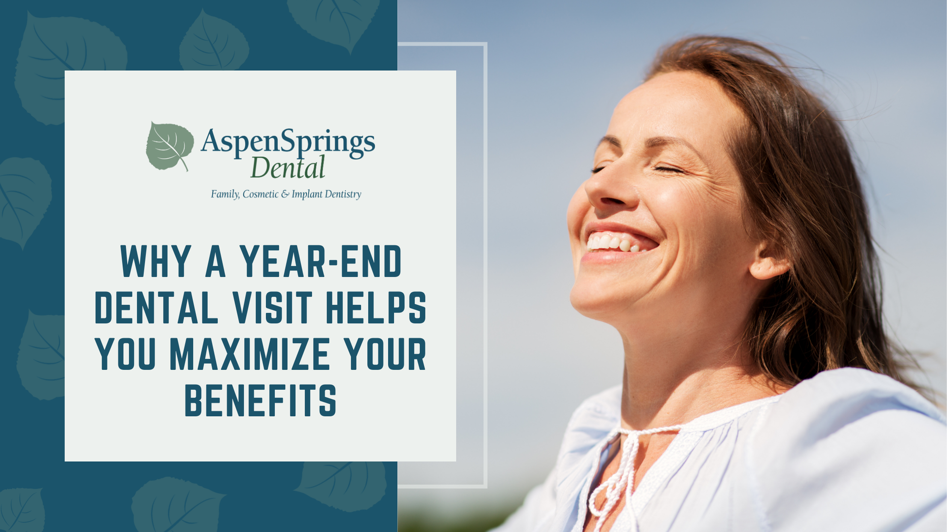 Smiling woman enjoying the sun next to text that reads